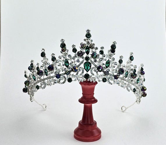 Emerald Green Crystal Tiara, Silver Quinceanera Crown