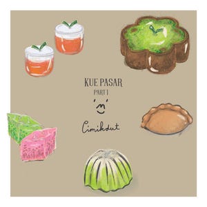 May include: Illustration of various Indonesian snacks, including two jars of orange jam, a flower-shaped cake with green topping, and other colorful pastries. The text "Kue Pasar Part 1" and "Cimikdut" are also present.