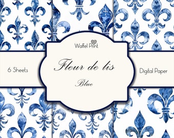Fleur de lis Blue & White  Seamless pattern set. 6 sheet assortment pack. Digital printable craft paper.