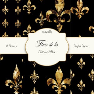 Ensemble de motifs sans couture fleur de lys - téléchargement numérique aquarelle noir et or