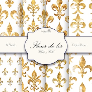 Fleur de lis wit en goud naadloze patroonset. Assortimentspakket van 8 vellen. Digitaal afdrukbaar ambachtelijk papier.