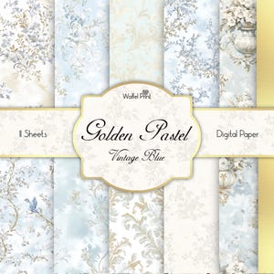 Azul vintage pastel dorado: paquete de patrones sin costuras en azul y dorado