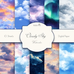 May include: Digital paper pack with 10 sheets featuring watercolor illustrations of cloudy skies in various colors, including blue, pink, orange, and purple. The text "Cloudy Sky Watercolor" is displayed on the image.