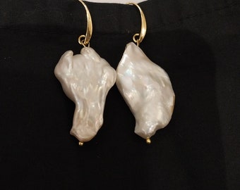 Large Genuine Baroque Pearl Earrings; Genuine Baroque Pearl Earrings; 18K Gold-Plated Pearls