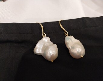 Large Japanese Baroque Pearl Earrings; 18K Gold-Plated Ear Wires; Genuine Pearl Earrings