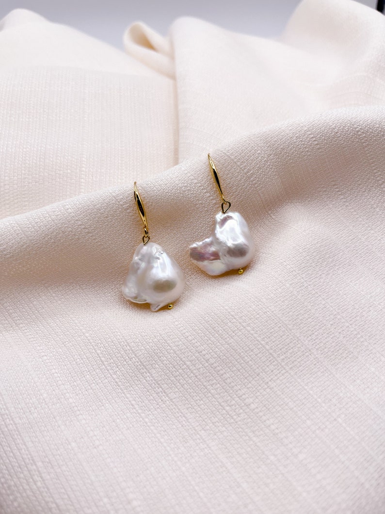 Large Japanese Baroque Pearl Earrings, Freshwater Fireball Pearls, 18K Gold Plated Earrings, Fish Hook Earrings, Modern Pearl Earrings image 2