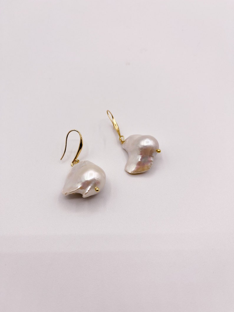 Large Japanese Baroque Pearl Earrings, Freshwater Fireball Pearls, 18K Gold Plated Earrings, Fish Hook Earrings, Modern Pearl Earrings image 10