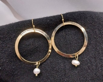 Earrings, 18K Gold-Plated Round Earrings, Gold Earrings, Pearl Earrings