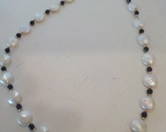 Genuine Pearl Necklace with faceted black accents; gold clasp with safety; Pearls: Genuine Pearls