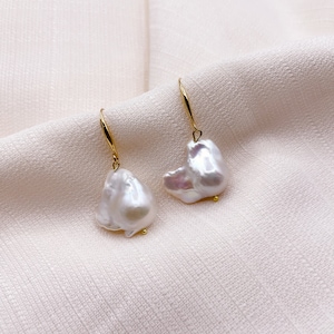 Large Japanese Baroque Pearl Earrings, Freshwater Fireball Pearls, 18K Gold Plated Earrings, Fish Hook Earrings, Modern Pearl Earrings image 1