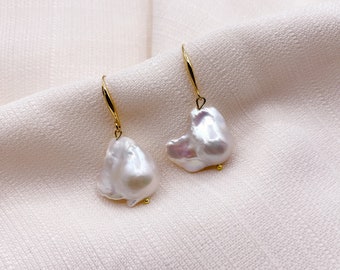 Large Japanese Baroque Pearl Earrings, Freshwater Fireball Pearls, 18K Gold Plated Earrings, Fish Hook Earrings, Modern Pearl Earrings