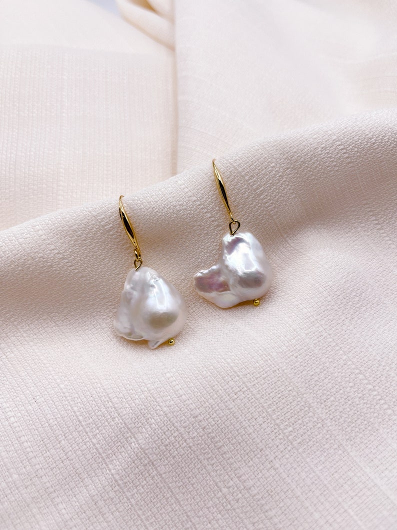 Large Japanese Baroque Pearl Earrings, Freshwater Fireball Pearls, 18K Gold Plated Earrings, Fish Hook Earrings, Modern Pearl Earrings image 1