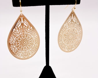 18K Gold-Plated Filigree Teardrop Shape Earrings, 18K gold-plated earrings, l