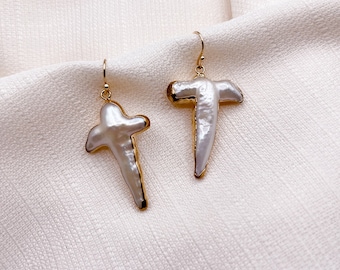Cross Pearl Earrings with Gold