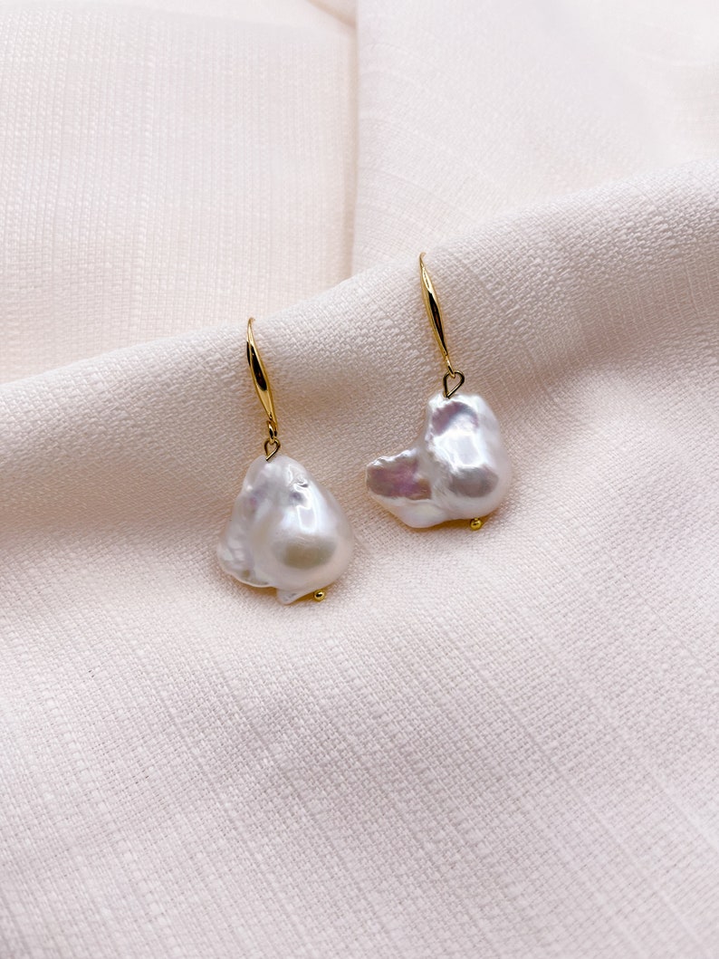 Large Japanese Baroque Pearl Earrings, Freshwater Fireball Pearls, 18K Gold Plated Earrings, Fish Hook Earrings, Modern Pearl Earrings image 5