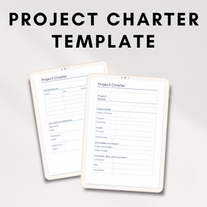 May include: Two blank project charter templates on a white background. The templates are on tablets with a light brown frame. The text "Project Charter" is at the top of each template.