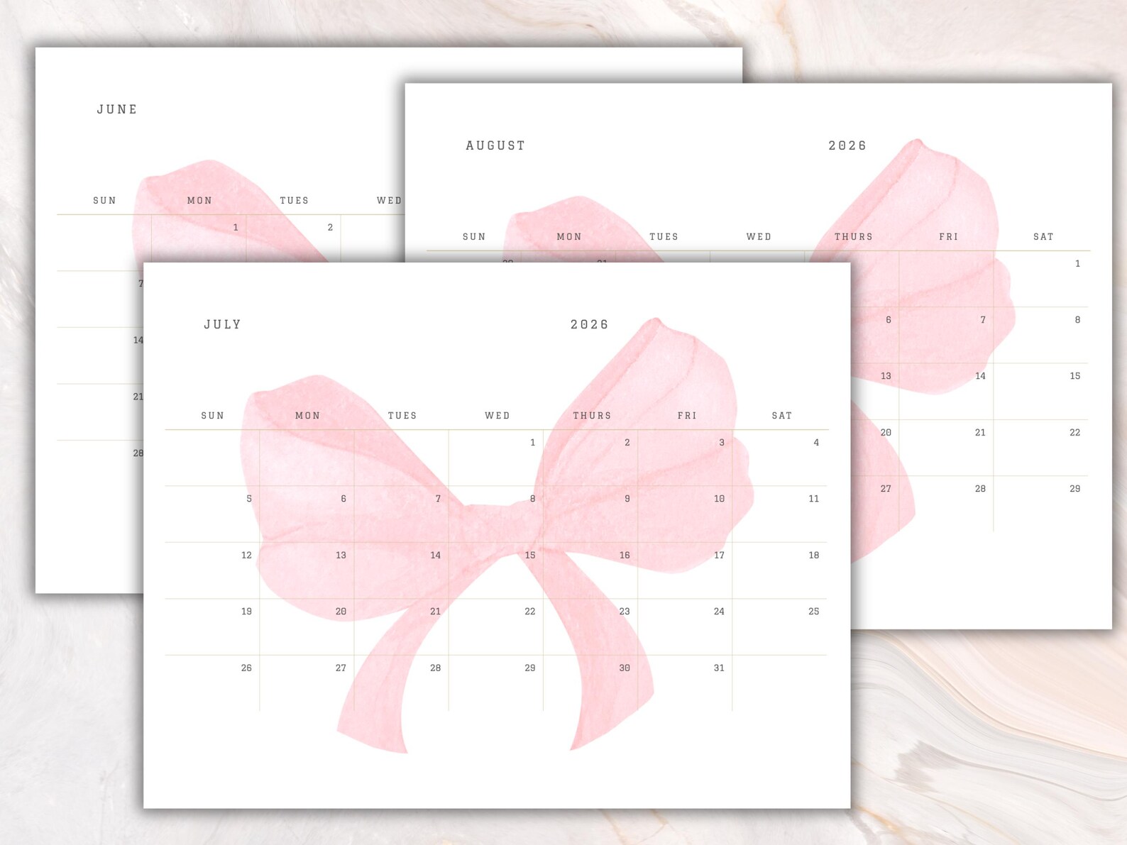 Printable 2026 Monthly Calendar Coquette Watercolor Bow Minimalist PDF ...