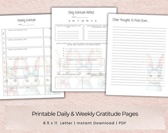 Páginas imprimibles en PDF de gratitud diaria/semanal/Páginas de diario de autocuidado con temática de conejito/Reflexión