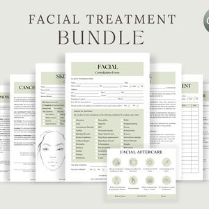 Puede incluir: Un conjunto de formularios imprimibles para un negocio de tratamientos faciales. Los formularios incluyen un formulario de consulta del cliente, un formulario de historial médico, un formulario de cuidado posterior al tratamiento facial y un formulario de cancelación. Los formularios están diseñados en un esquema de color verde y blanco.