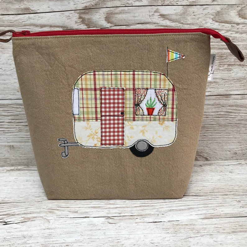 wash bag toiletry bag Retro Caravan applique zipped small project bag