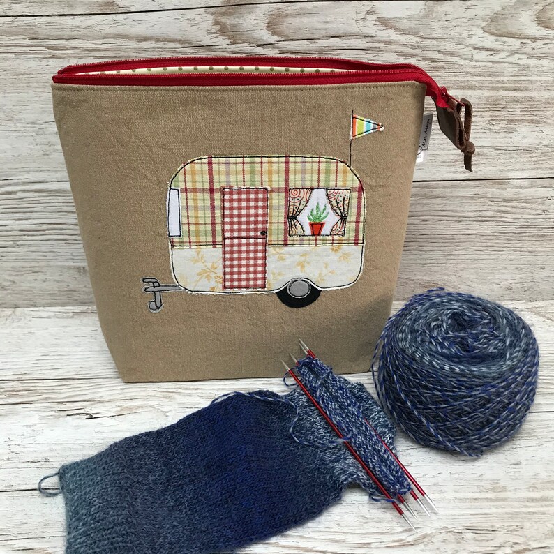 wash bag toiletry bag Retro Caravan applique zipped small project bag