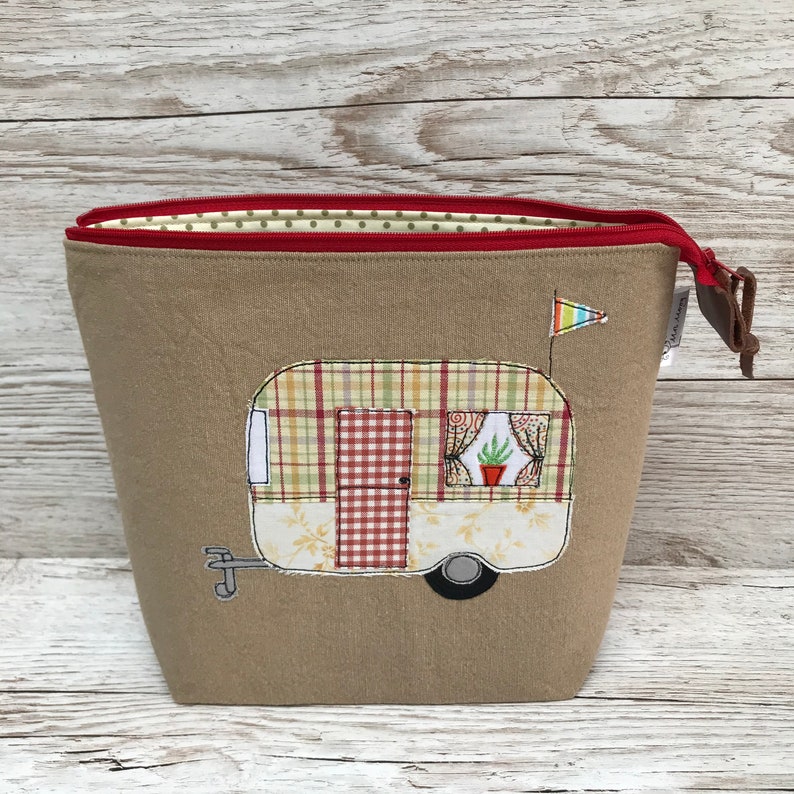 wash bag toiletry bag Retro Caravan applique zipped small project bag