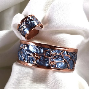 Handmade Pure Copper Bracelet And Ring Set for Spiritual Energy and Healing - Artisan Grounding - Astrology Ritual Jewelry Blue