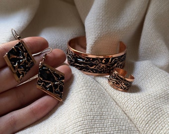 Handmade Textured Copper Jewelry Set, Solid Copper Bracelet, Ring and Earrings
