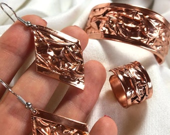 Handmade Textured Copper Jewelry Set, Ring, Bracelet and Earrings