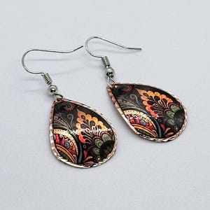 Handmade Teardrop Flower Pattern Copper Earrings, Boho Copper Dangle Earrings, Unique Floral Copper Jewelry, Gift for Her