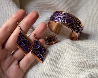 Handmade Textured Copper Jewelry Set, Purple Copper Bracelet, Ring and Earrings