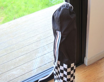 Yoga mat bag - Racer neat upcycled black and white check minimalist monochrome-washable drawstring tube & strap- OOAK ready to ship