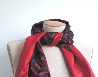 Ready to ship Swirl Taffeta scarf- lined- one only unique wine/cherry red on black- OOAK unique ready made item