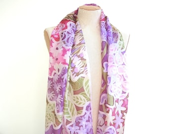 Copped Hall Flowers scarf -large silk art scarf -abstract summer blooms-deep purple pink green- batik sampler design ready to ship OOAK