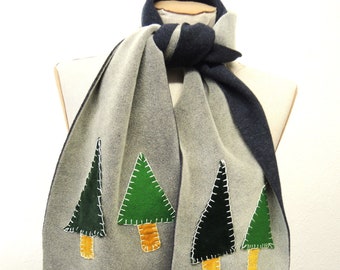 NEW Grey & Green Trees Fleece comforter scarf upcycled vintage fabric applique unique warm snuggly simple washable easy care ready to ship