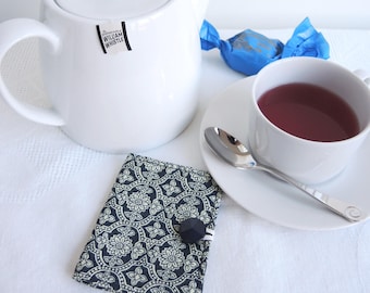 Ready to ship Chennai teabag or business card wallet with vintage button - navy and cream paisley print traditional