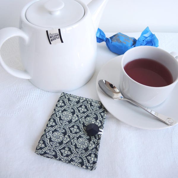 Ready to ship Chennai teabag or business card wallet with vintage button - navy and cream paisley print traditional