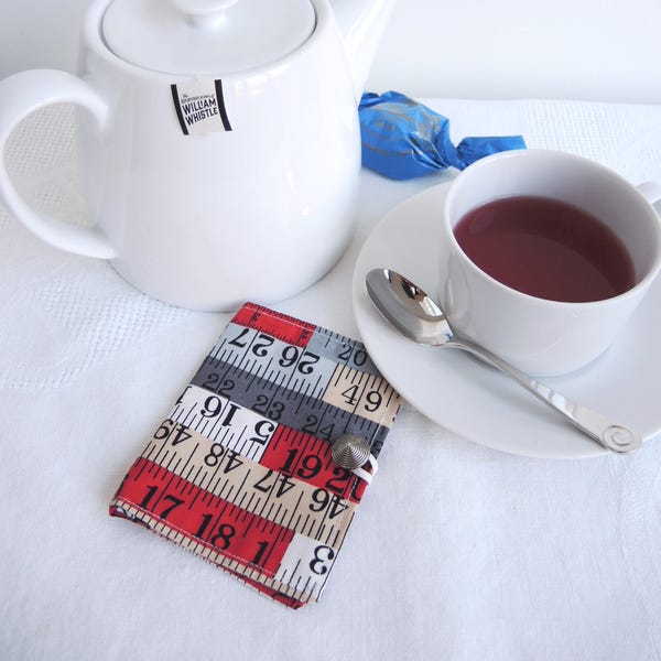 Red Tapes teabag or business card wallet in scarlet grey and beige - Ready to ship standard size- ideal travel hostess gift stocking filler