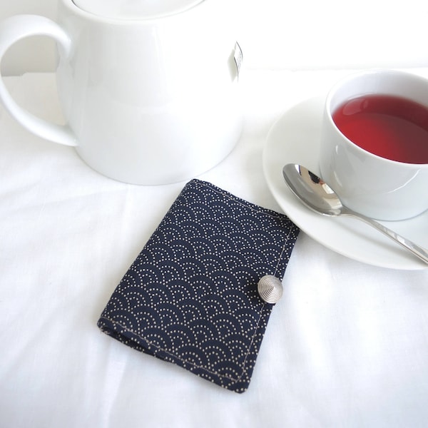 LAST ONE Sashiko Waves teabag wallet/ business card wallet japanese print lacquer red, navy, teal blue fabric- standard size - ready to ship