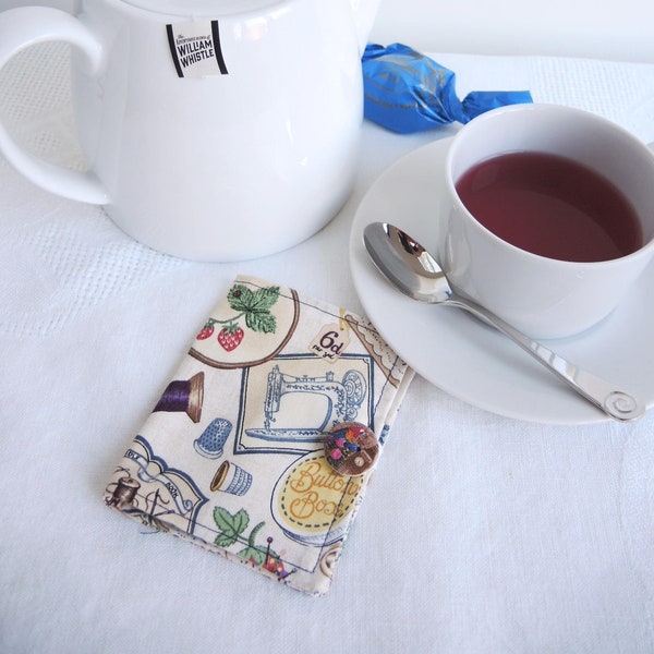 Sewing themed teabag wallet or business card wallets-Ready to ship  retro style prints- haberdashery- ideal travel hostess gift