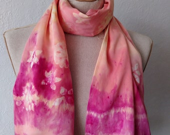 NEW Vegetal silk scarf Batik Flowers wearable painted art organic bamboo fibre-dyed shawl fuchsia pink peach ready to ship OOAK