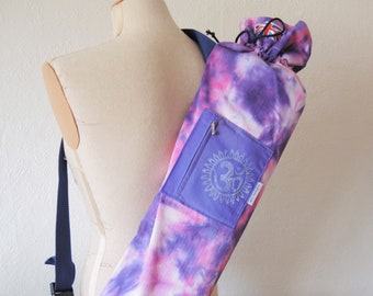Yoga mat bag in Purple Cloud -royal purple & pink upcycled recycled jeans hippy washable adjustable carry strap- ready to ship OOAK