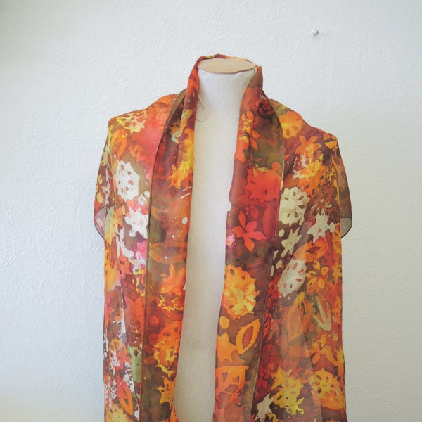 Leaf fall large autumn scarf -silk art scarf -abstract browns oranges warm coppery hand painted one-off batik design ready to ship OOAK
