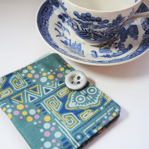 Retro Teal teabag wallet business card holder- Aztec geometric Ready to ship blue teal standard ideal travel gift stocking filler present