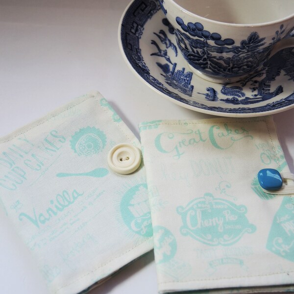 Great Cakes retro teabag wallet or business card Aqua- Ready to ship standard size - blue cream pastel retro prints great travel gift