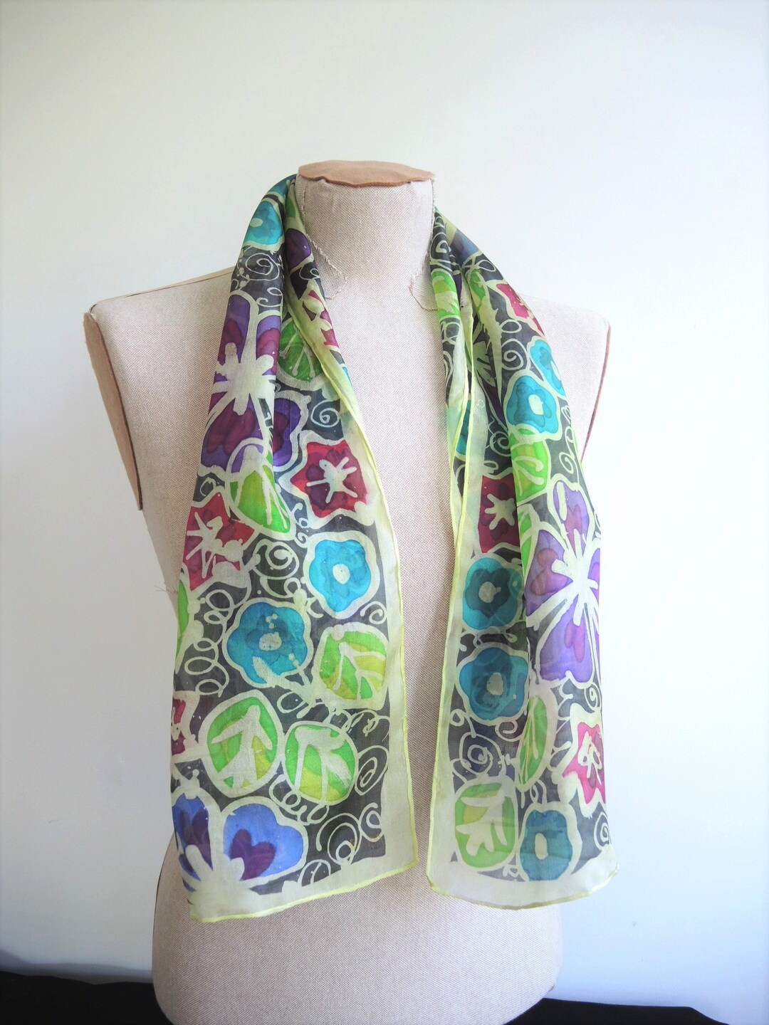 Small Silk Scarf Flower Vines lime Green Wearable Painted Art Stamped Drawn Batik Shawl purple ...