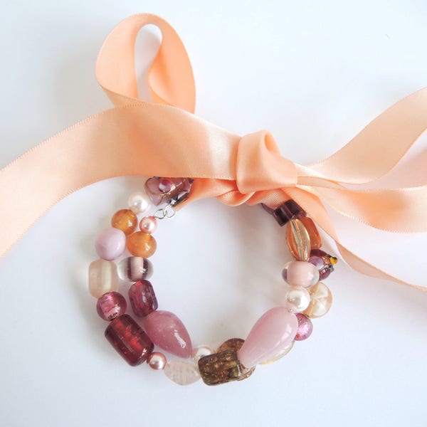 Peach Bow bangle -Ready to ship glass & lampwork beads, memory wire  -flexible size bracelet child adult gift- with free presentation bag!