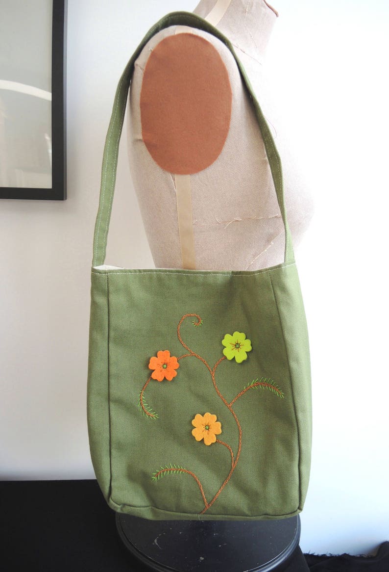 Green shoulder bag Spring Flowers hand embroidered medium Etsy