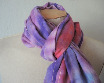 Large cotton wrap- Grape and Gold Upcycled transitional lightweight travel coverup warm soft indoor scarf Ready to ship mauve lurex