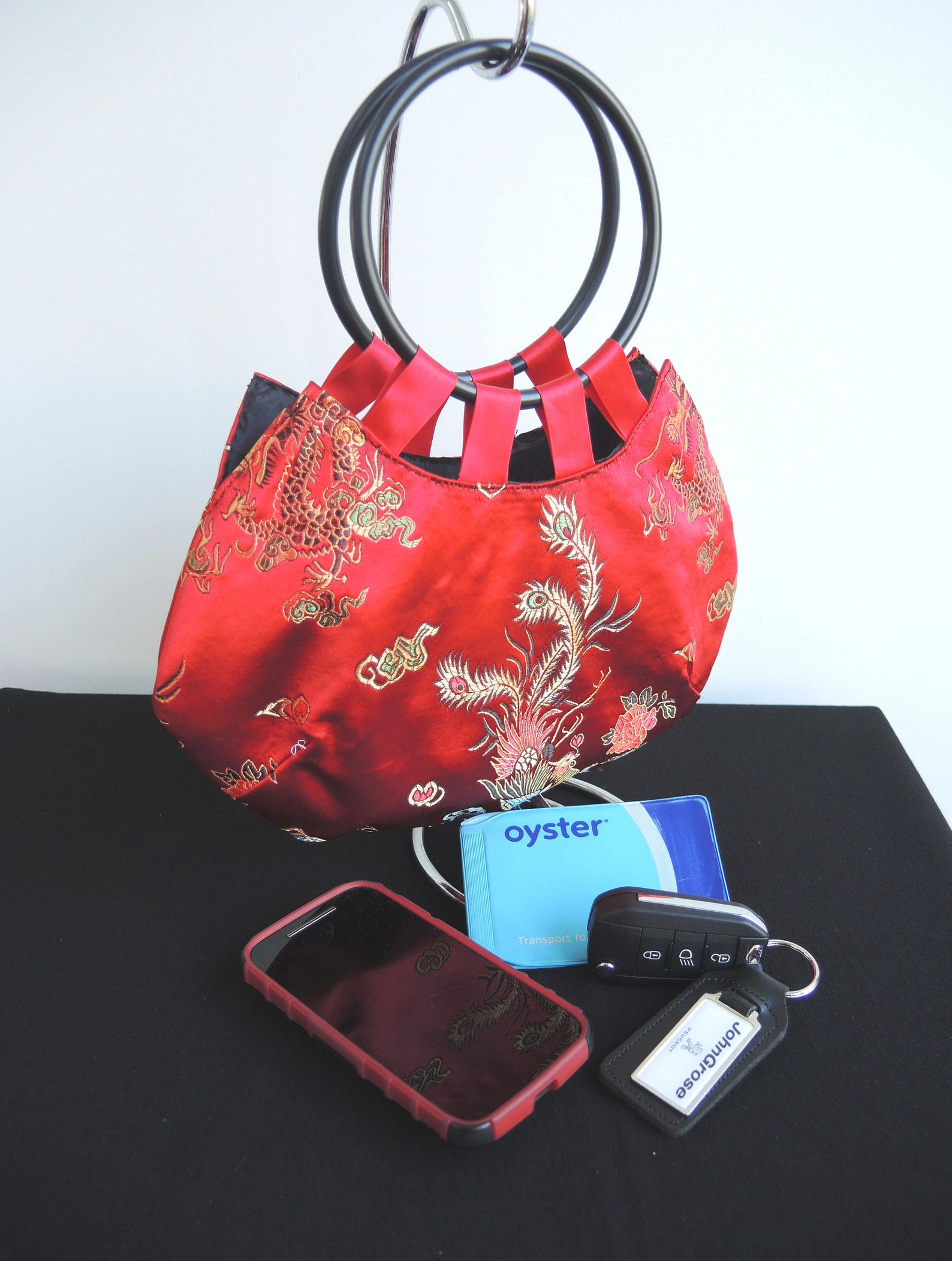 Red Moon Bag in Red Chinese Satin Brocade With Hoop Handles Etsy